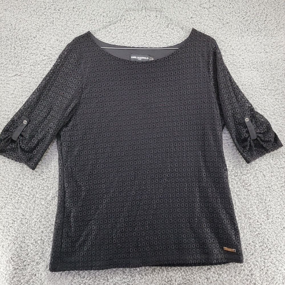 Karl Lagerfeld Paris Womens Size Large Lace 3/4 Sleeve Black  Blouse
